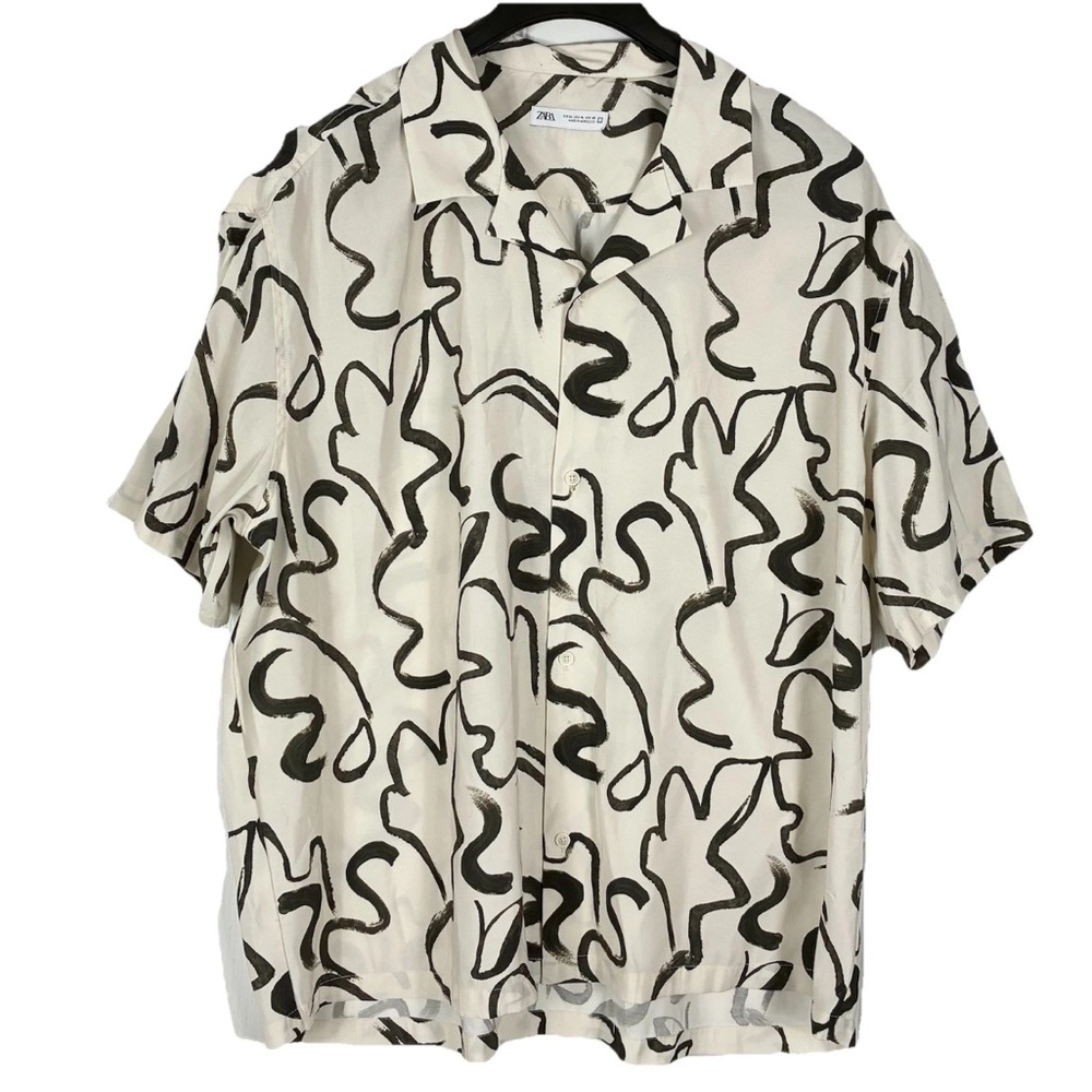Zara White Brown Abstract Button Shirt XL Boxy Oversized Camp Short Sleeve Boho